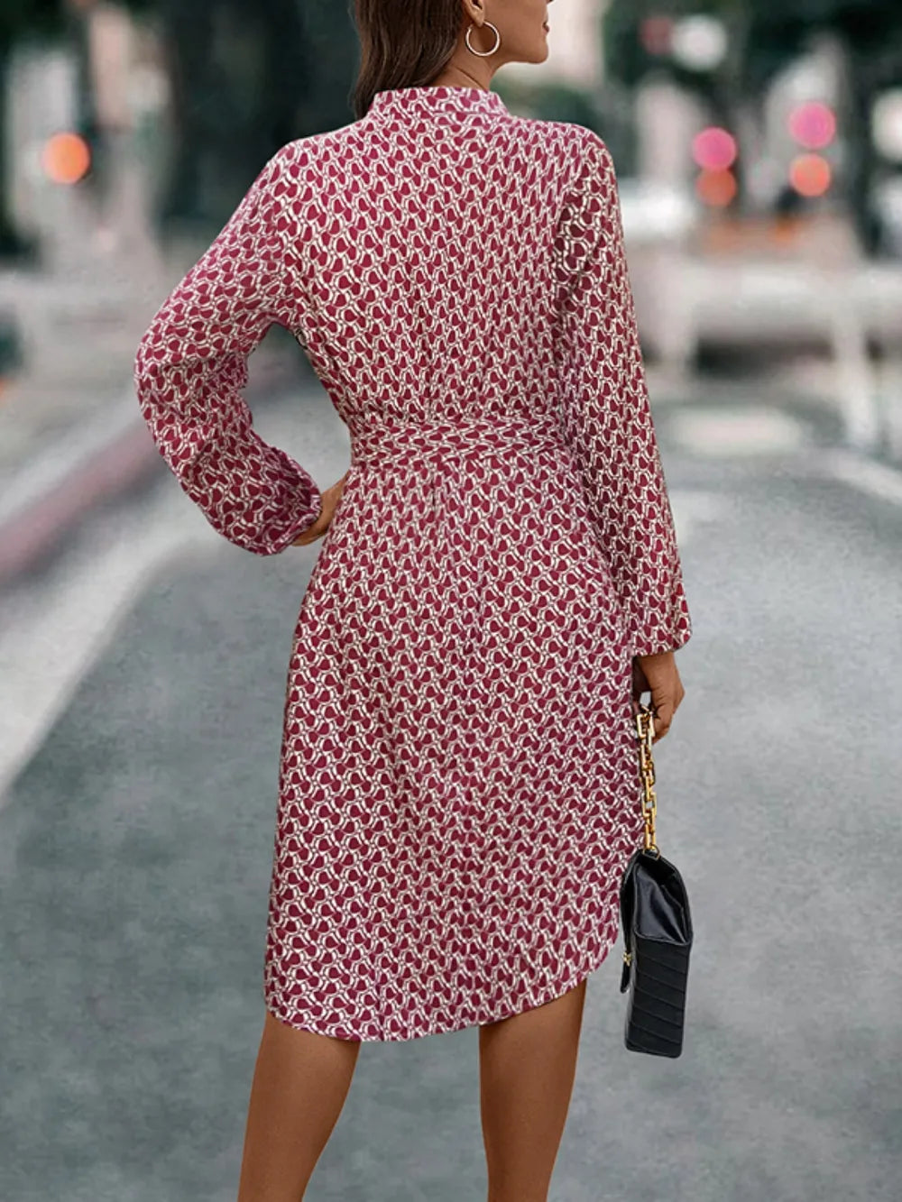 Printed Long-Sleeve Tie Dress