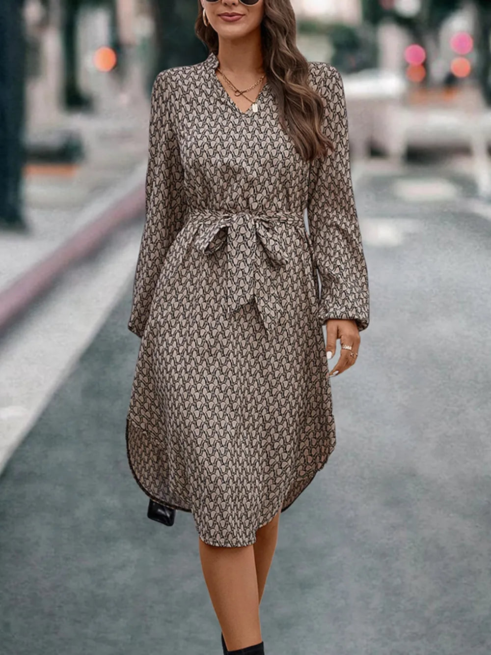 Printed Long-Sleeve Tie Dress