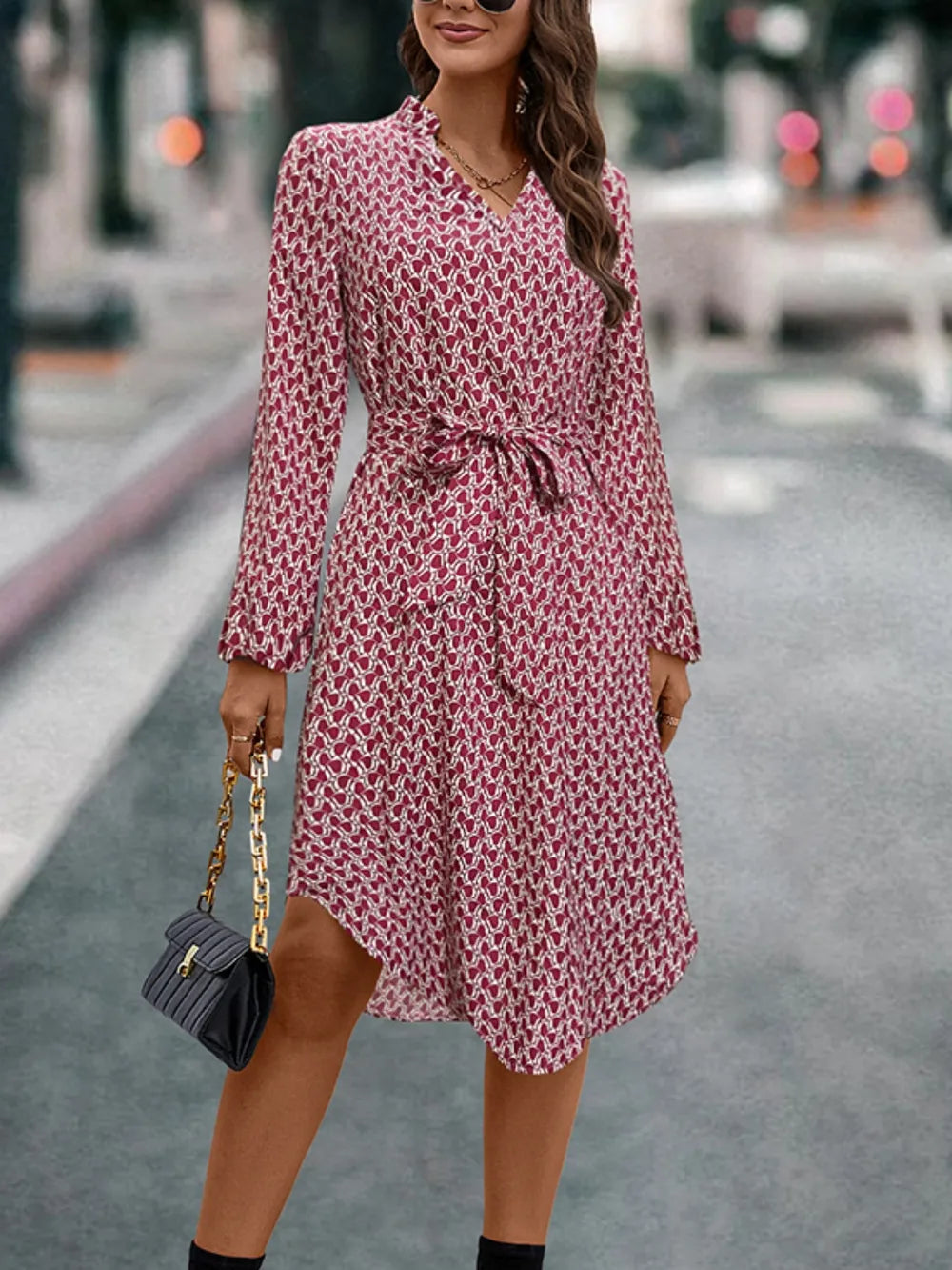 Printed Long-Sleeve Tie Dress