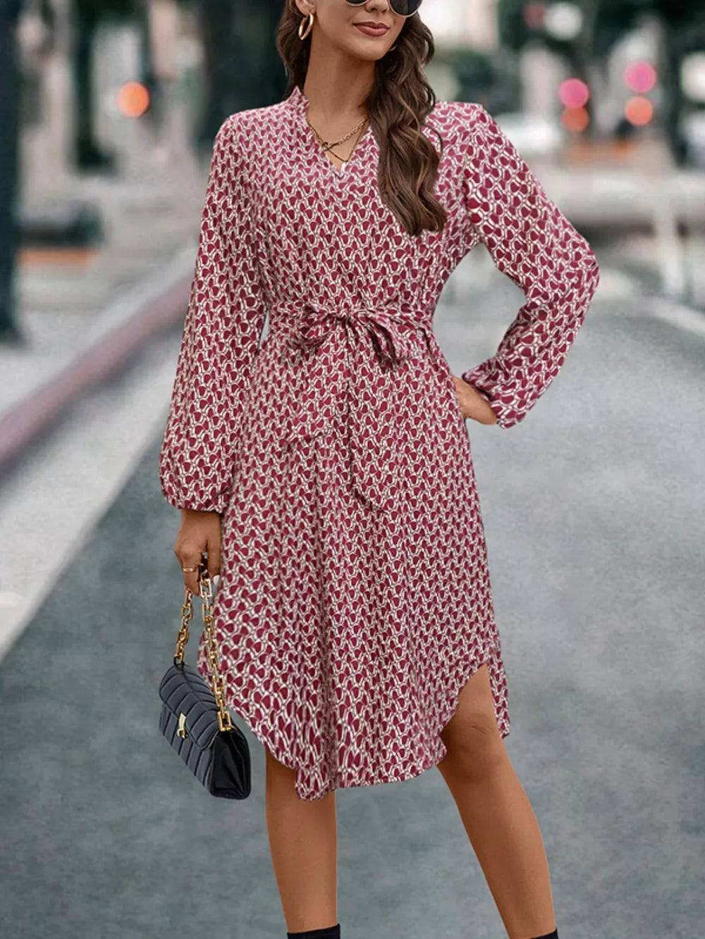 Printed Long-Sleeve Tie Dress