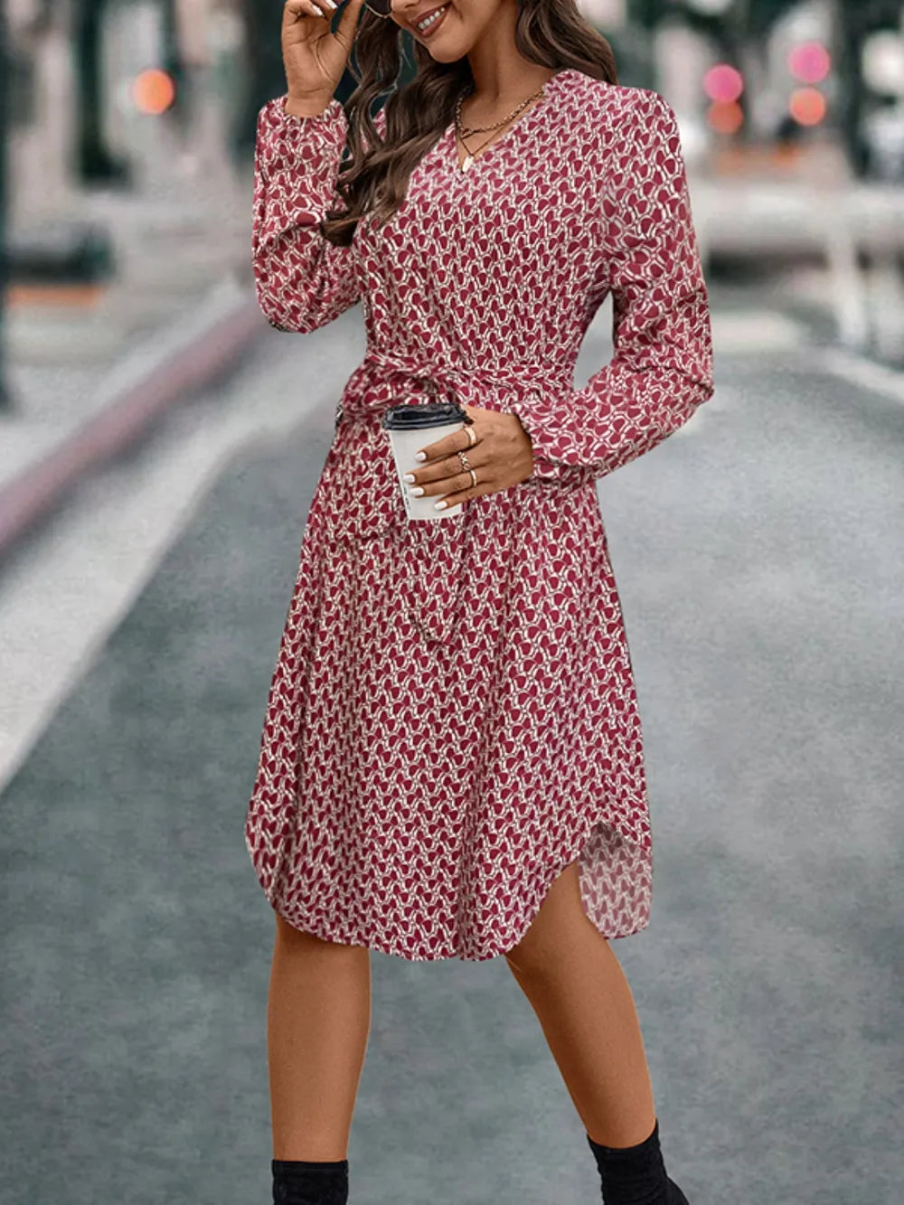 Printed Long-Sleeve Tie Dress