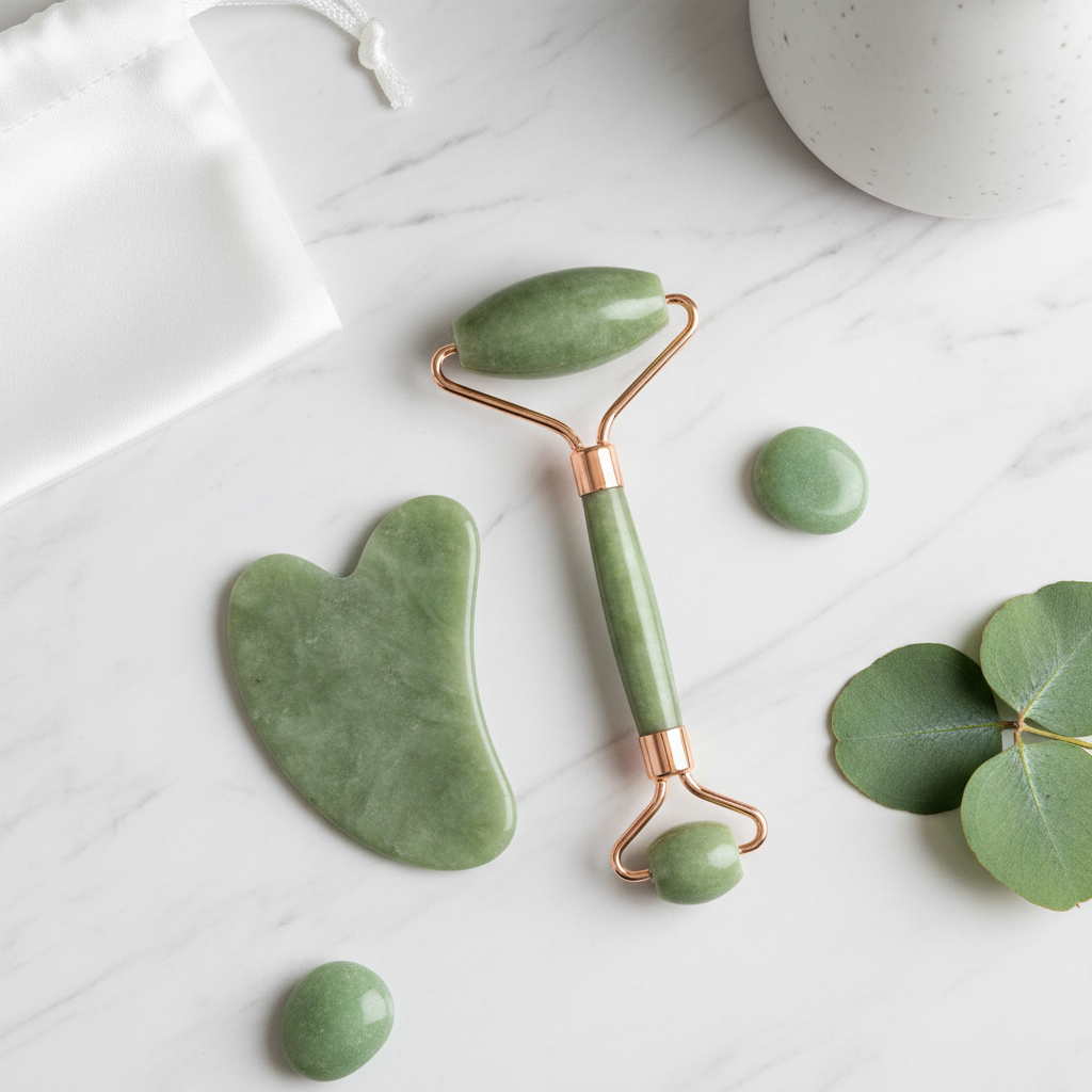 Jade Roller and Gua Sha facial set on white marble surface